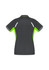 A women's short sleeve polo in dark grey with lime green accents and reflective detailing, featuring a logo.