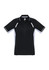 A black short sleeve polo shirt with grey side panels and a logo on the collar.
