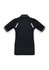 A black short sleeve polo shirt with white accents and reflective detailing, featuring a logo on the front.