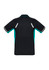 A black and teal short sleeve polo shirt featuring reflective detailing and a logo on the back.