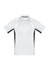 A short sleeve polo shirt in white with black side panels and a collar, featuring a logo.