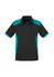 A short sleeve polo shirt in black with teal side panels and a collar. Features a logo on the chest.