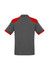 A grey short sleeve polo shirt with red shoulder and sleeve accents. Includes a logo on the chest area.
