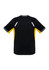 A black and yellow short sleeve tee with reflective accents and a logo.