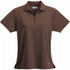 A brown women's polo shirt with a collared neckline and three buttons, featuring a small logo.