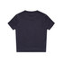A dark navy T-shirt with a crew neck and short sleeves, featuring a logo on the back.