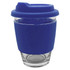 A glass coffee cup with a blue silicone sleeve and lid, featuring a transparent base and a logo.