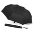 A black compact umbrella displayed open and closed, featuring a handle with a wrist strap and a logo.