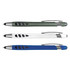 Three stylus pens in green, white, and blue, featuring sleek designs and grips. Each pen has a branding logo.
