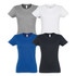 Four women's T-shirts displayed in grey, white, blue, and black, each with a basic crew neck design and logos.