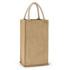 A jute double wine carrier with two compartments and sturdy handles for easy transport.