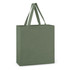 A green cotton tote bag with two sturdy handles and a simple design. It features a logo on one side.