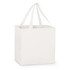 A white tote bag with long handles and a square shape, featuring an attached logo.