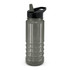 A drink bottle in grey with a black lid and ergonomic design, featuring a built-in straw and branding.