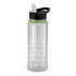 A drink bottle featuring a clear body with a black lid and a green accent, complete with a straw.