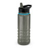 A drink bottle in clear grey with a black lid and a blue accent, featuring a spout and ridged design.