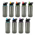 A drink bottle collection featuring clear and black designs with various coloured flip-top lids. Each bottle has a logo.
