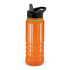 A drink bottle in vibrant orange with a black cap and green accent, featuring a textured grip design.
