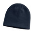 A dark navy knit beanie with a textured pattern, featuring a logo on the side.