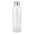 A drink bottle made of clear glass with a stainless steel lid, featuring a sleek, modern design.