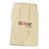 A beige drawstring laundry bag with a logo featuring the words "home living" in various colours.