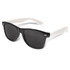 Malibu Premium Sunglasses featuring black lenses and white arms, with a logo on the frame.