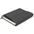 A grey notebook with a textured cover and a ribbon bookmark, featuring a flap closure and blank pages.