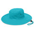 A wide-brim hat in vibrant turquoise, featuring a circular crown and a drawstring for adjustable fit.
