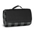 A picnic blanket featuring a black and grey checkered pattern, neatly folded with a black carrying handle.