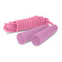 A pink skipping rope with soft handles, featuring a coiled rope design and a smooth finish.