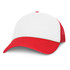 A trucker cap featuring a white front and red mesh back.