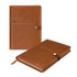 A brown notebook featuring a textured cover, a clasp closure, and visible pockets on the front.