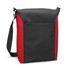 A cooler bag with a black front and red sides, featuring a shoulder strap and a front pocket.
