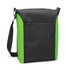 A black and green cooler bag with an adjustable strap and a front pocket, featuring a logo.