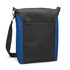 A black and blue cooler bag with a shoulder strap and a front pocket. It features a logo on the side.