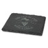 A single slate coaster in dark grey with a grapevine design and a logo. Edges are textured and natural.