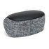 A Bluetooth speaker with a rounded black top and a textured grey fabric base, featuring a subtle logo.