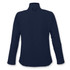 A navy women's softshell jacket with a high collar and fitted silhouette. It has a logo on the back.