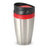 A stainless steel coffee cup with a black and red lid, featuring a simple design and a logo on the side.
