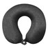 A dark grey memory neck pillow with a U-shaped design and a button closure. It has a soft texture and a simple branding logo.