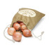 A medium jute produce bag in light brown, filled with several onions and tied with a drawstring.