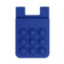 A blue silicone phone wallet featuring popper stress relievers and a minimalistic design. It includes a logo.