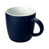 A coffee mug in navy blue with a smooth exterior and a sturdy handle, featuring a white interior and a logo.