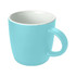 A coffee mug featuring a smooth light blue exterior and a white interior, with a curved handle.