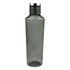 A drink bottle featuring a translucent grey body and a silver screw-on lid, with a logo on the side.