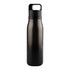 A drink bottle in sleek black with a secure lid and a handle, featuring a simple logo on the side.