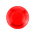 A round red plastic button magnet featuring a smooth surface and a slight rim. It has a logo displayed on it.