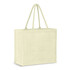 A light green jute tote bag with two sturdy handles and a plain design, featuring a logo.