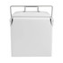 A white metal cooler box with a stainless steel handle. The design is sleek and retro-inspired.