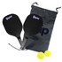 A black pickleball paddle set with two paddles, two yellow balls, and a carrying bag featuring a logo.